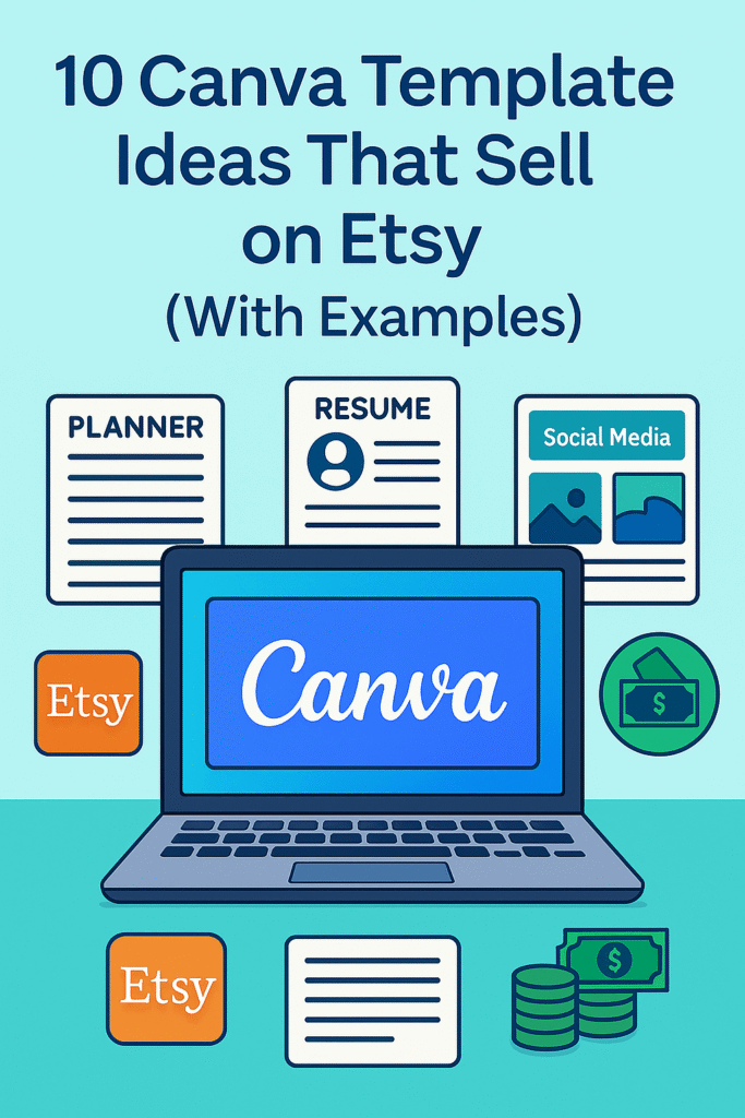 Canva templates being sold on Etsy, including planners, resumes, and social media kits.